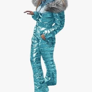Women's Metallic Blue snow suit with Faux Fur Trim